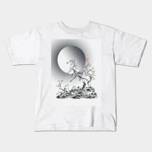 sumiE ink and pencil japanese pine trees and a full moon Kids T-Shirt